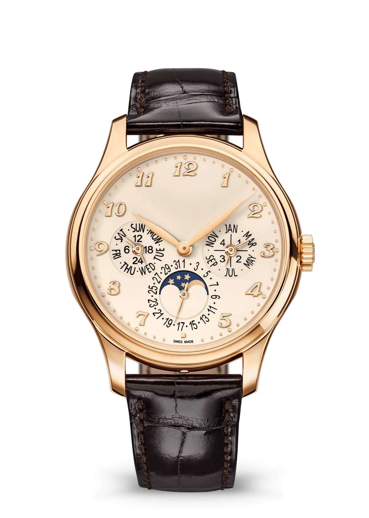Cream Moonphase Calendar Watch with Gold Tone Case and Dark Strap