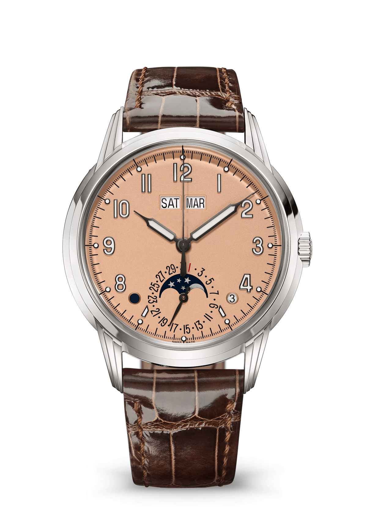Salmon Calendar Watch with Silver Tone Case and Brown Strap
