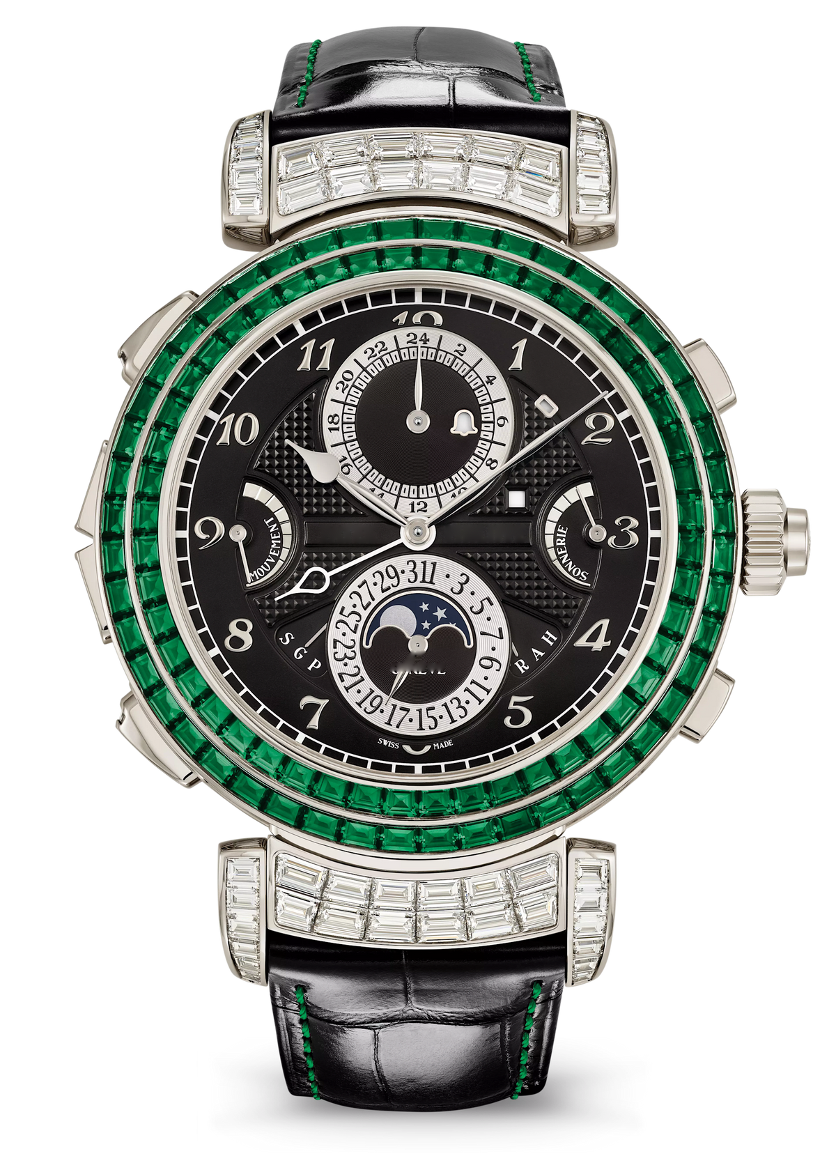 Black Multi-Dial Watch with Green Crystal Case and Black Strap