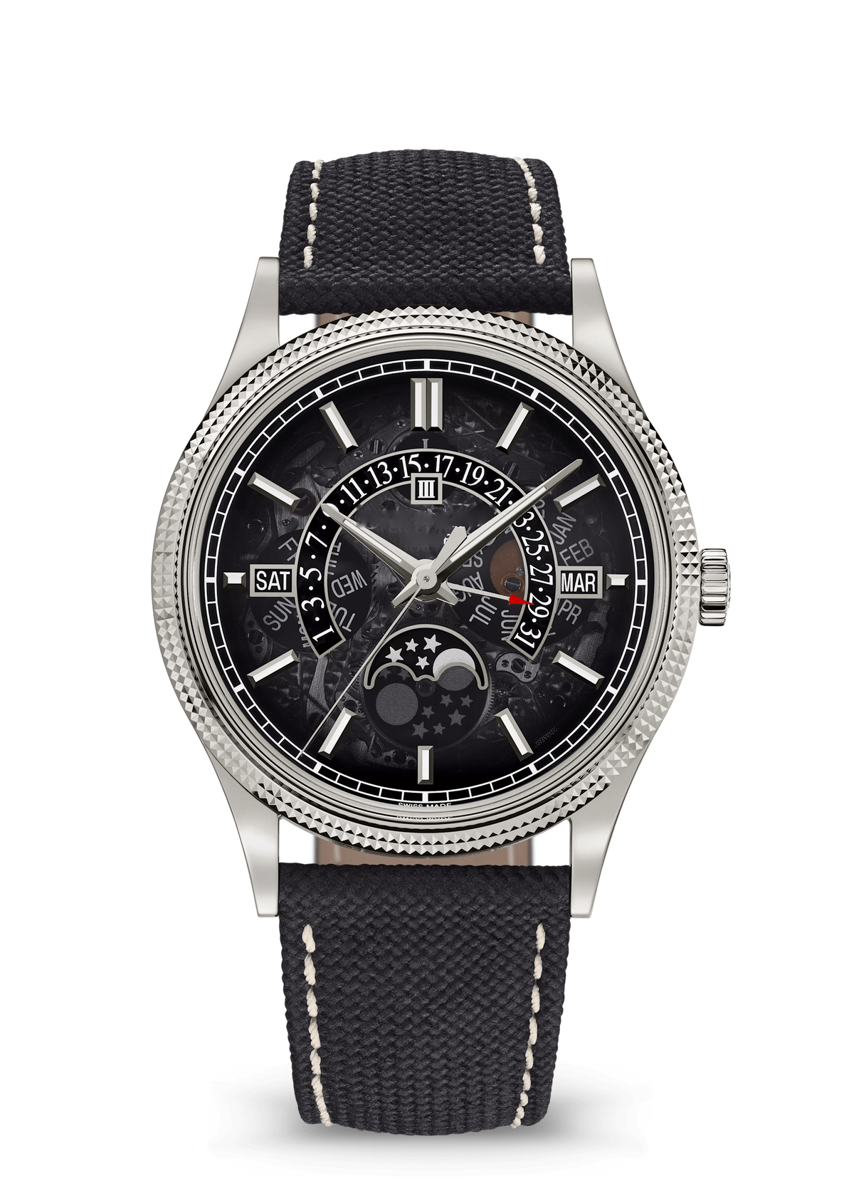 Black Calendar Watch with Textured Silver Tone Bezel