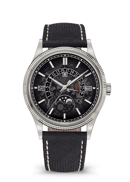 Black Calendar Watch with Textured Silver Tone Bezel