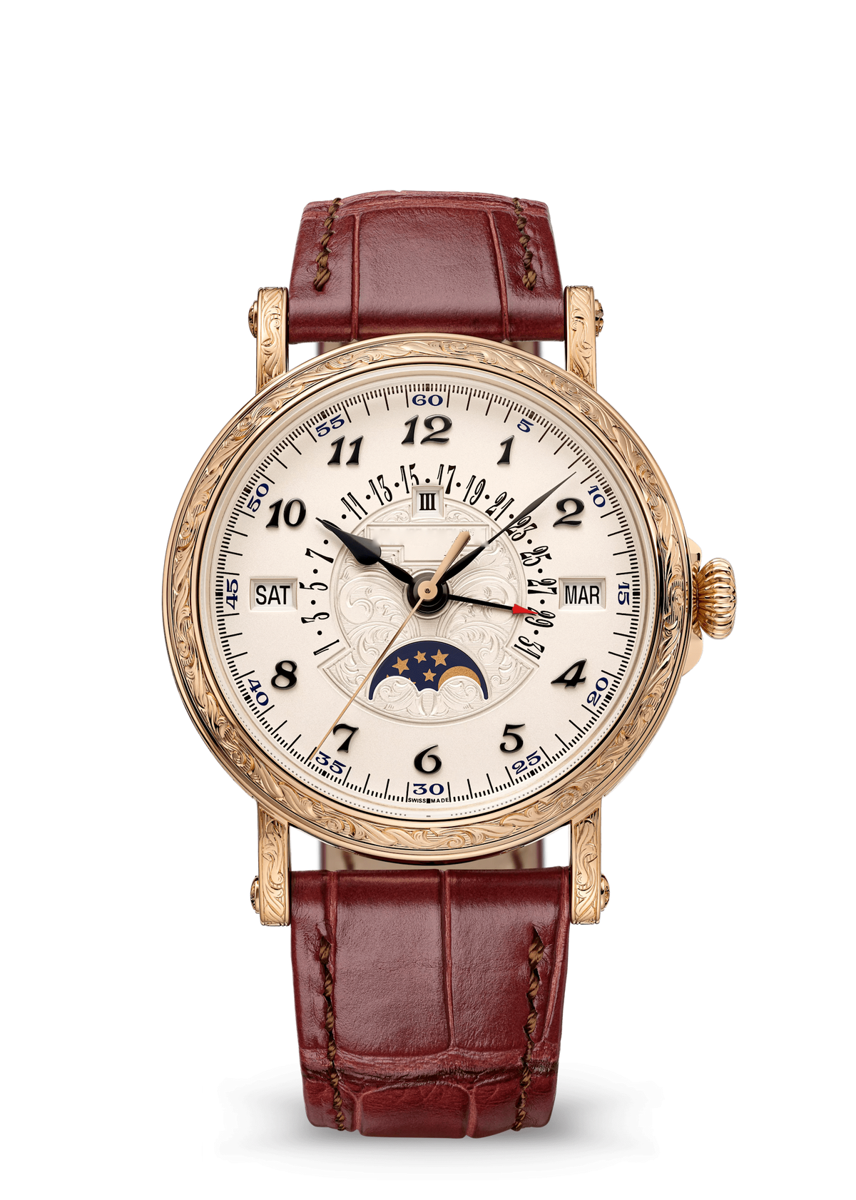 Ivory Calendar Watch with Engraved Gold Tone Case and Burgundy Strap