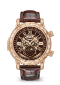 Brown Astronomical Dial Watch with Engraved Gold Tone Case