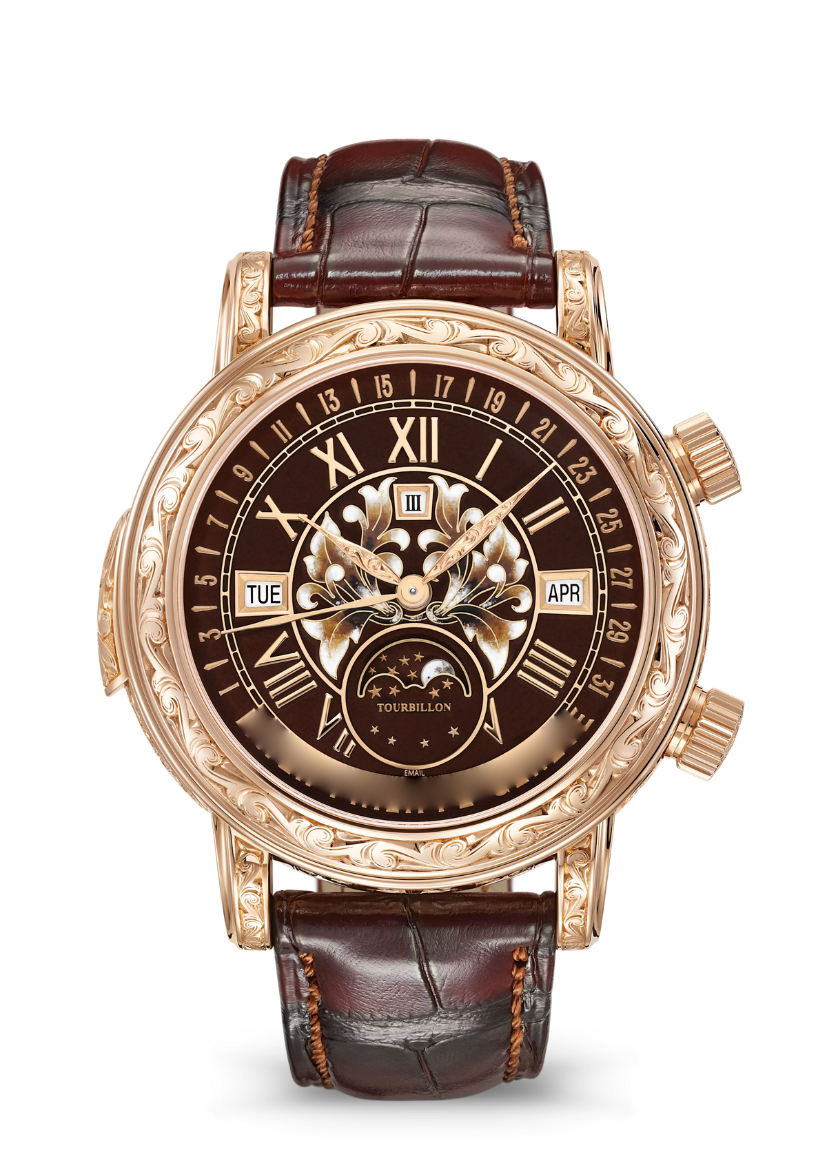 Brown Astronomical Dial Watch with Engraved Gold Tone Case