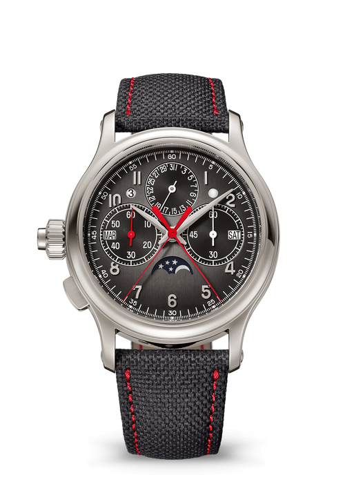 Black Split-Seconds Chronograph with Silver Tone Case and Red Stitching