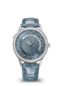 Steel Blue World-Time Dial Watch with Silver Tone Crystal Bezel