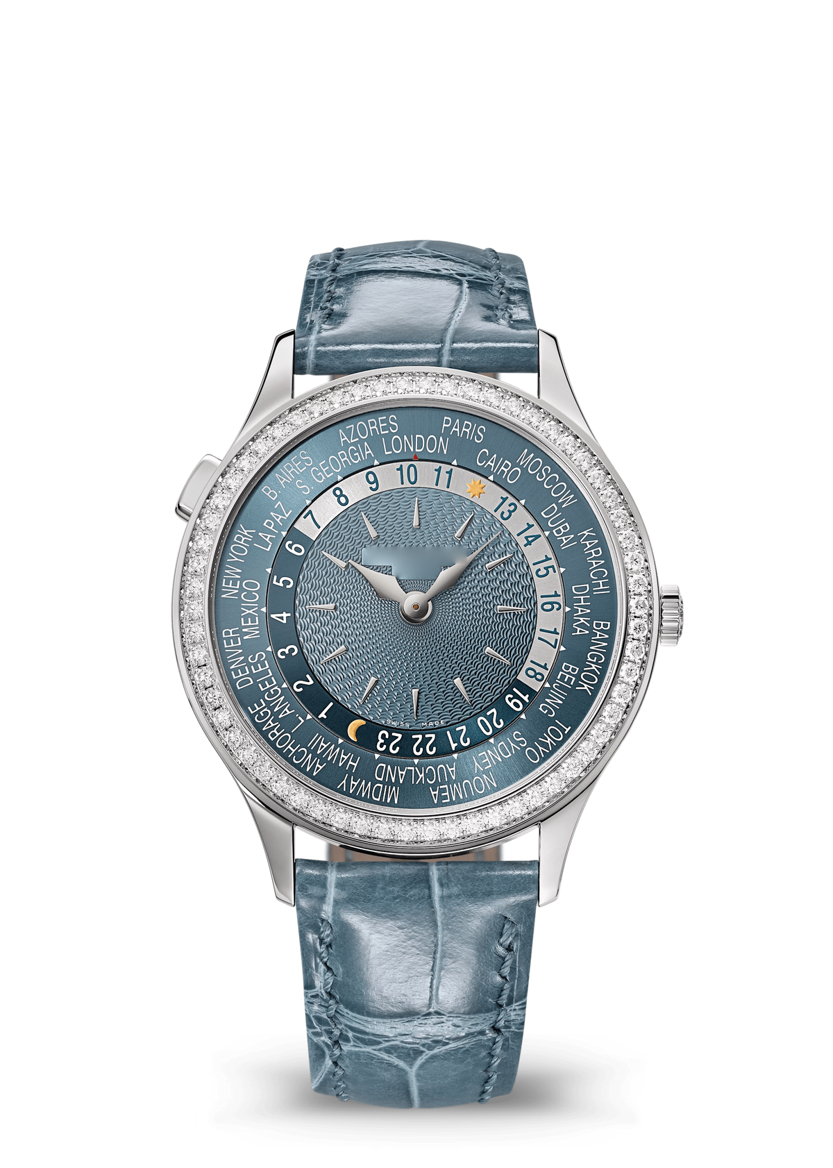 Steel Blue World-Time Dial Watch with Silver Tone Crystal Bezel