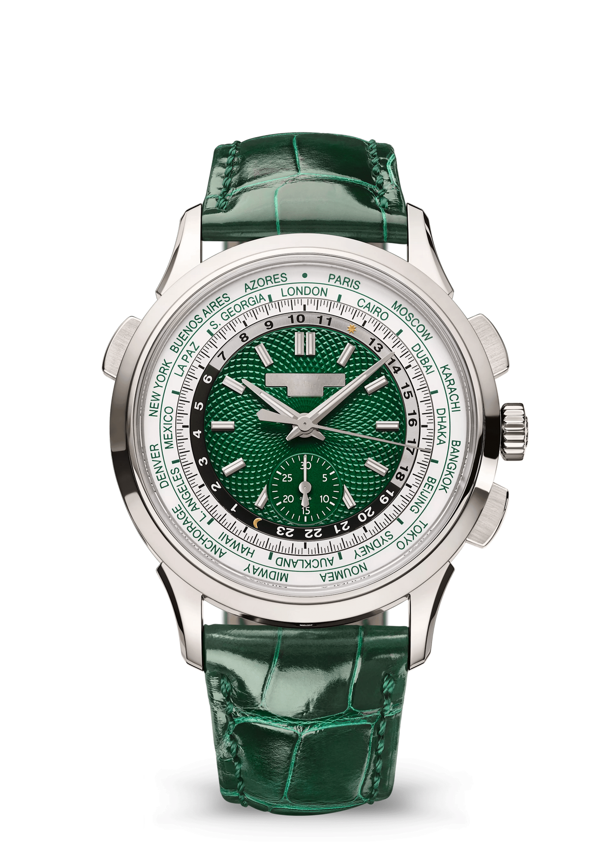 Green World-Time Chronograph with Silver Tone Case and Glossy Strap