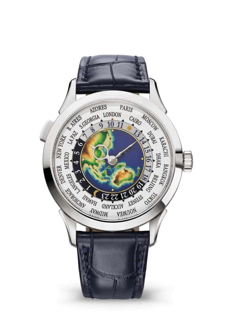 Multicolor Map Dial Watch with Silver Tone Case and Navy Strap