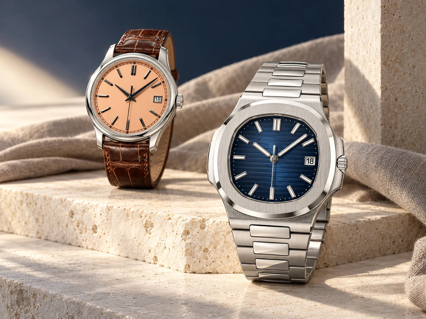 Navy bracelet watch and salmon-dial watch on pale stone