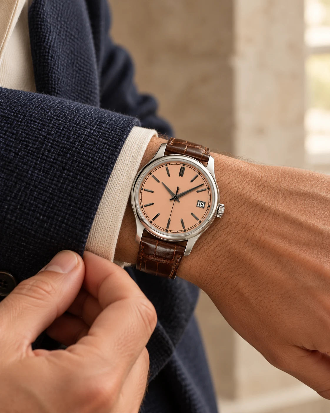 Salmon-dial watch with a brown strap, worn with a navy jacket